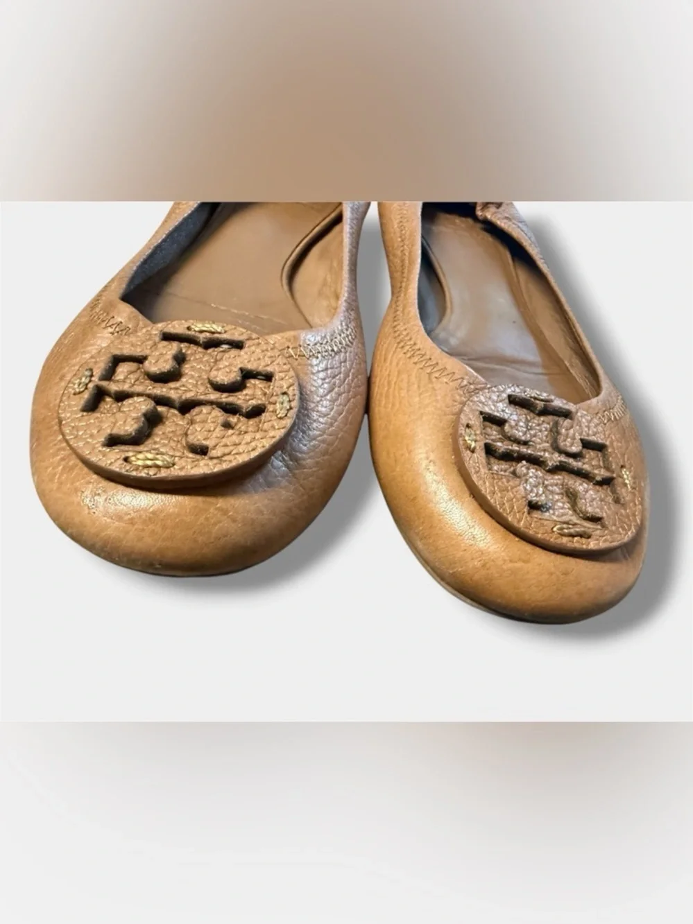 Tory Burch Royal Tan Reva Leather Ballet Flats Gold Logo Women’s Sz 9.5